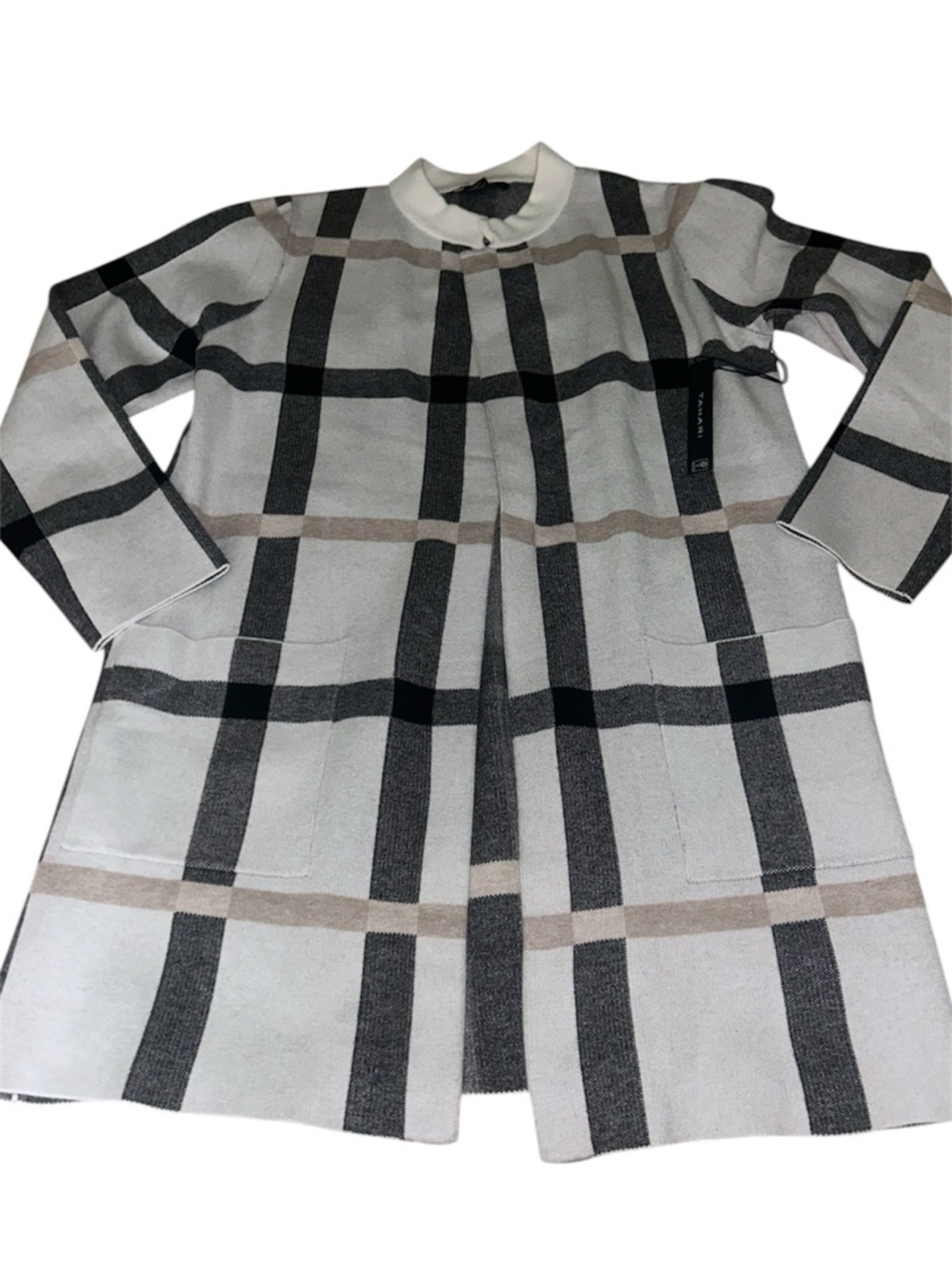 NWT Tahari Long Plaid Open Front Cardigan Sweater Jacket L New
